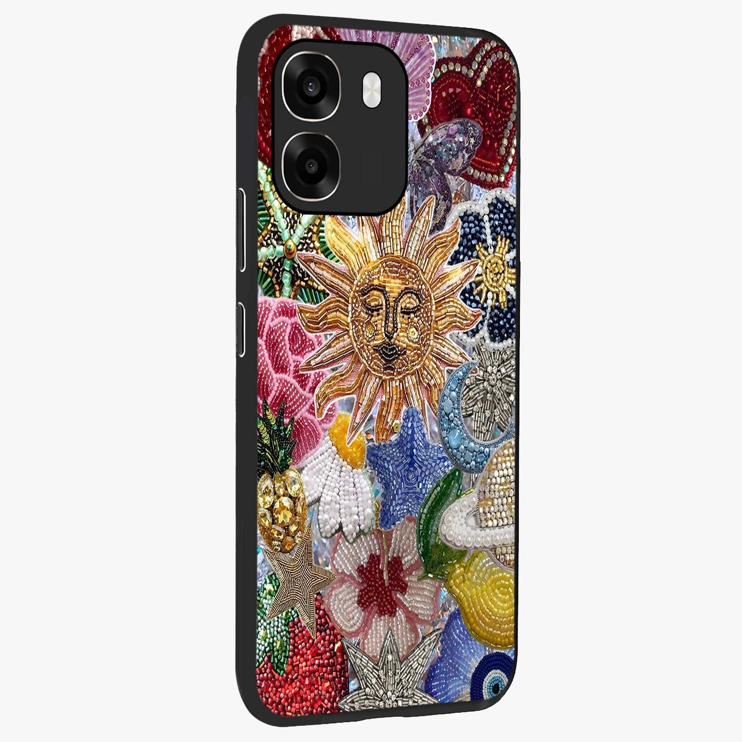 Celestial Floral and Playful Glass Case upright view showcasing whimsical floral artwork with cosmic aesthetic theme.