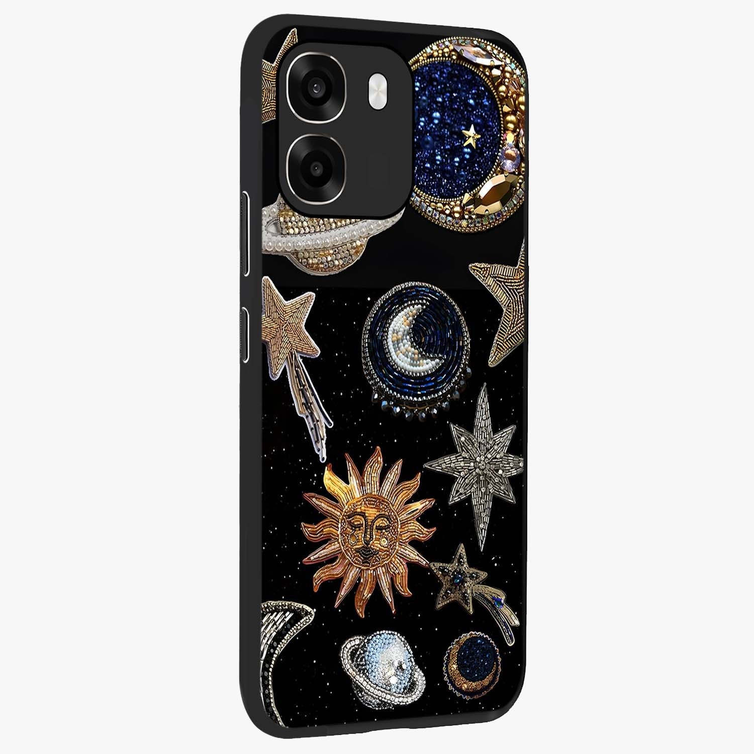 Celestial Gem Constellations Glass Case upright view showcasing cosmic constellation artwork with celestial aesthetic style.
