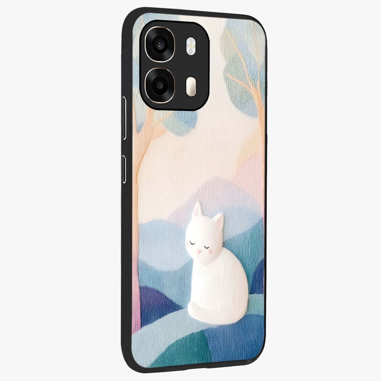 Cotton Dream Cat Glass Case upright view showcasing charming cat artwork with cozy dreamy theme.