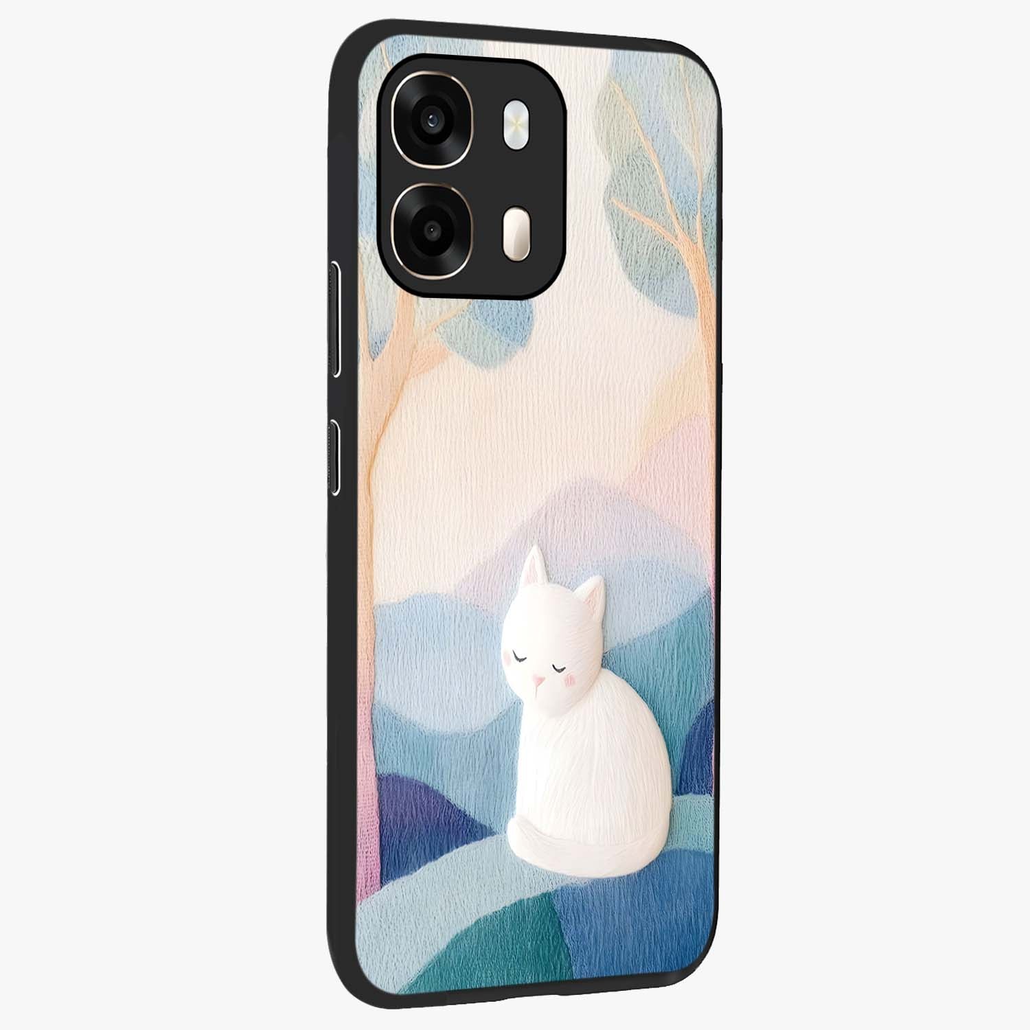 Cotton Dream Cat Glass Case upright view showcasing charming cat artwork with cozy dreamy theme.
