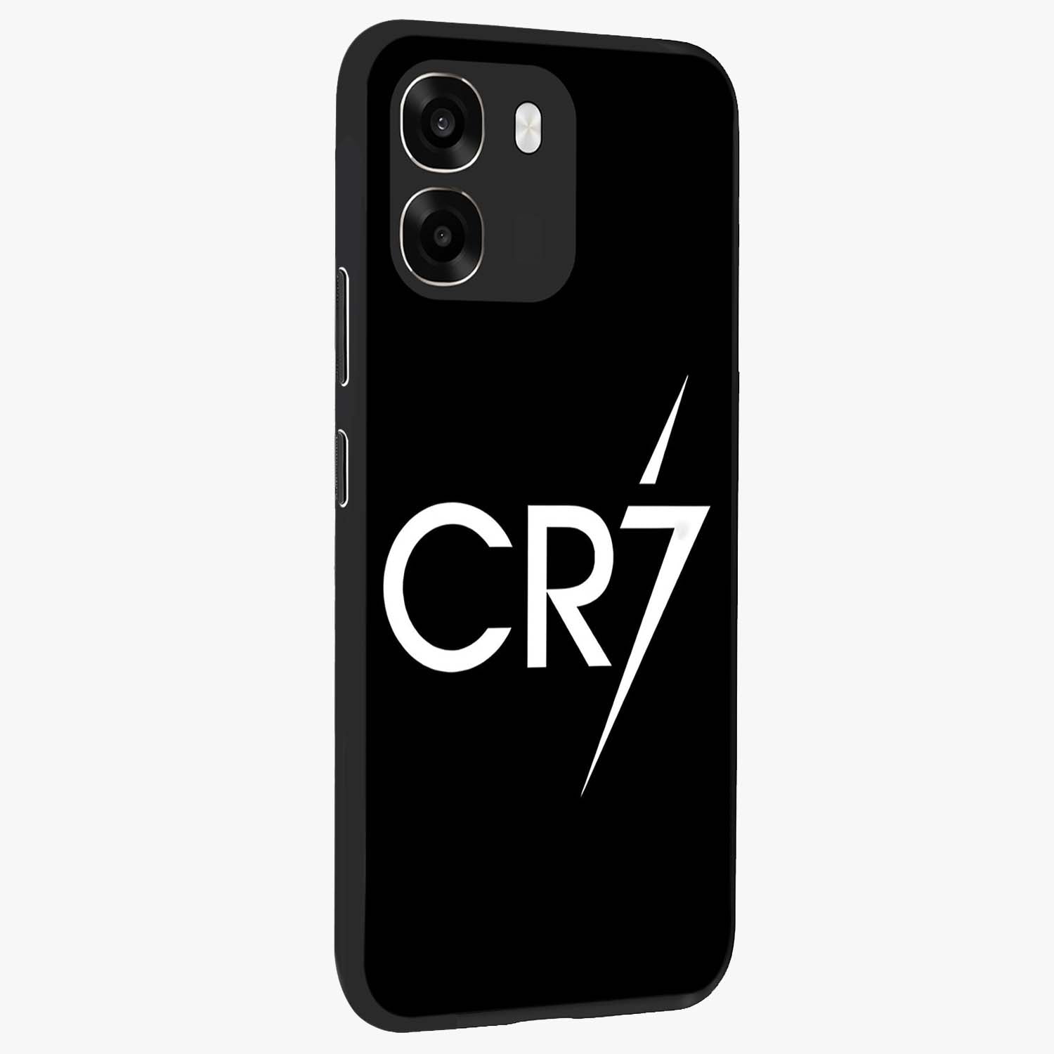 Cr7 Elite Strike Glass Case upright view showcasing energetic football inspired design with modern sports aesthetic.