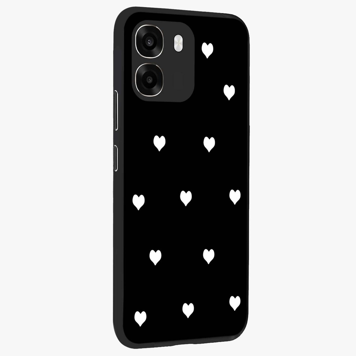 Cute And Simple White Hearts Glass Case upright view showcasing simple white hearts artwork with soft minimal theme.