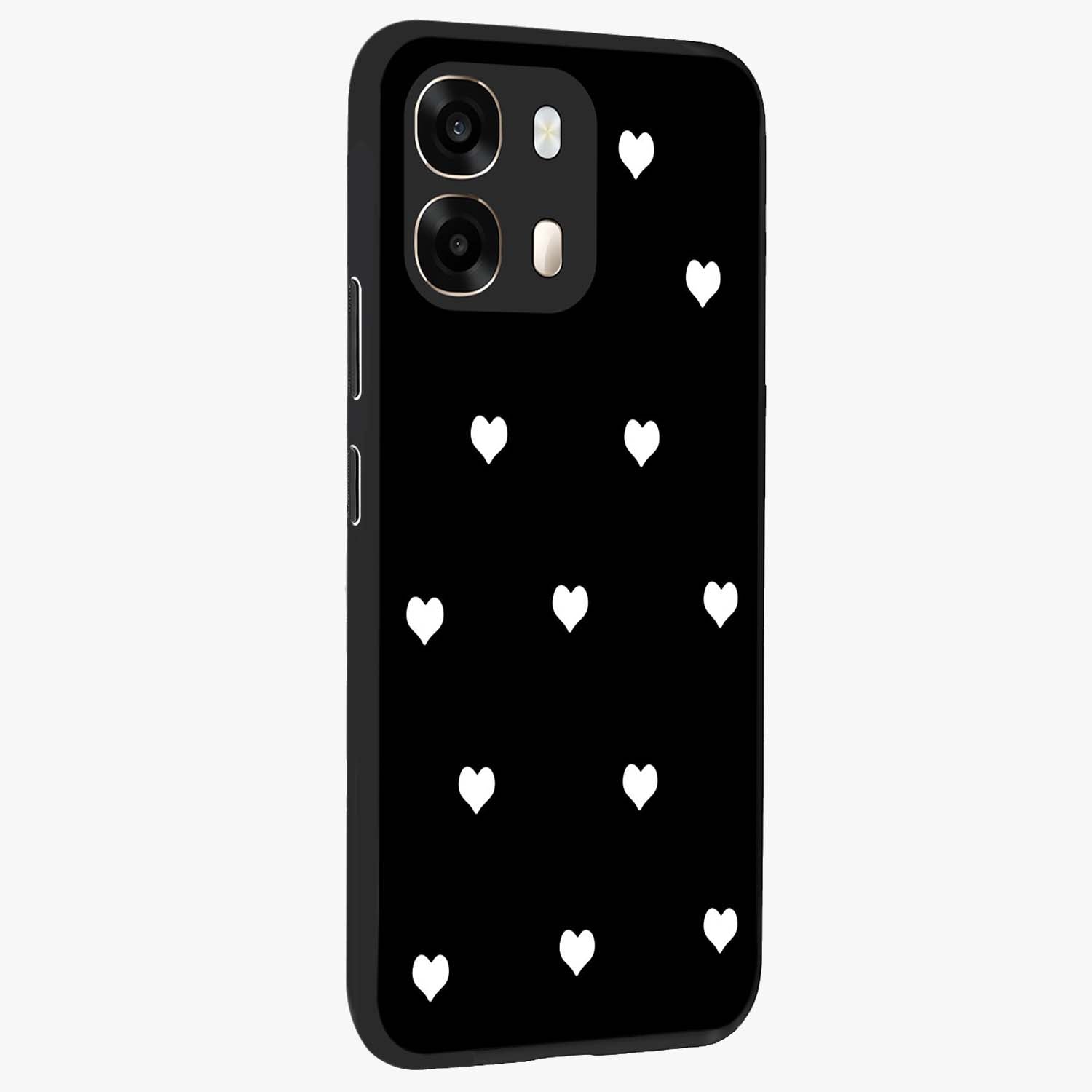 Cute And Simple White Hearts Glass Case upright view showcasing simple white hearts artwork with soft minimal theme.