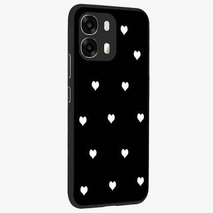 Cute And Simple White Hearts Glass Case upright view showcasing simple white hearts artwork with soft minimal theme.