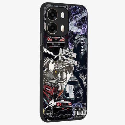 Die Young Glass Case upright view showcasing striking typography artwork with modern statement theme.