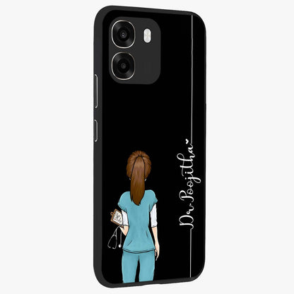 Doctor Pattern Custom Name Glass Case upright view showcasing healthcare themed design with personalized aesthetic.