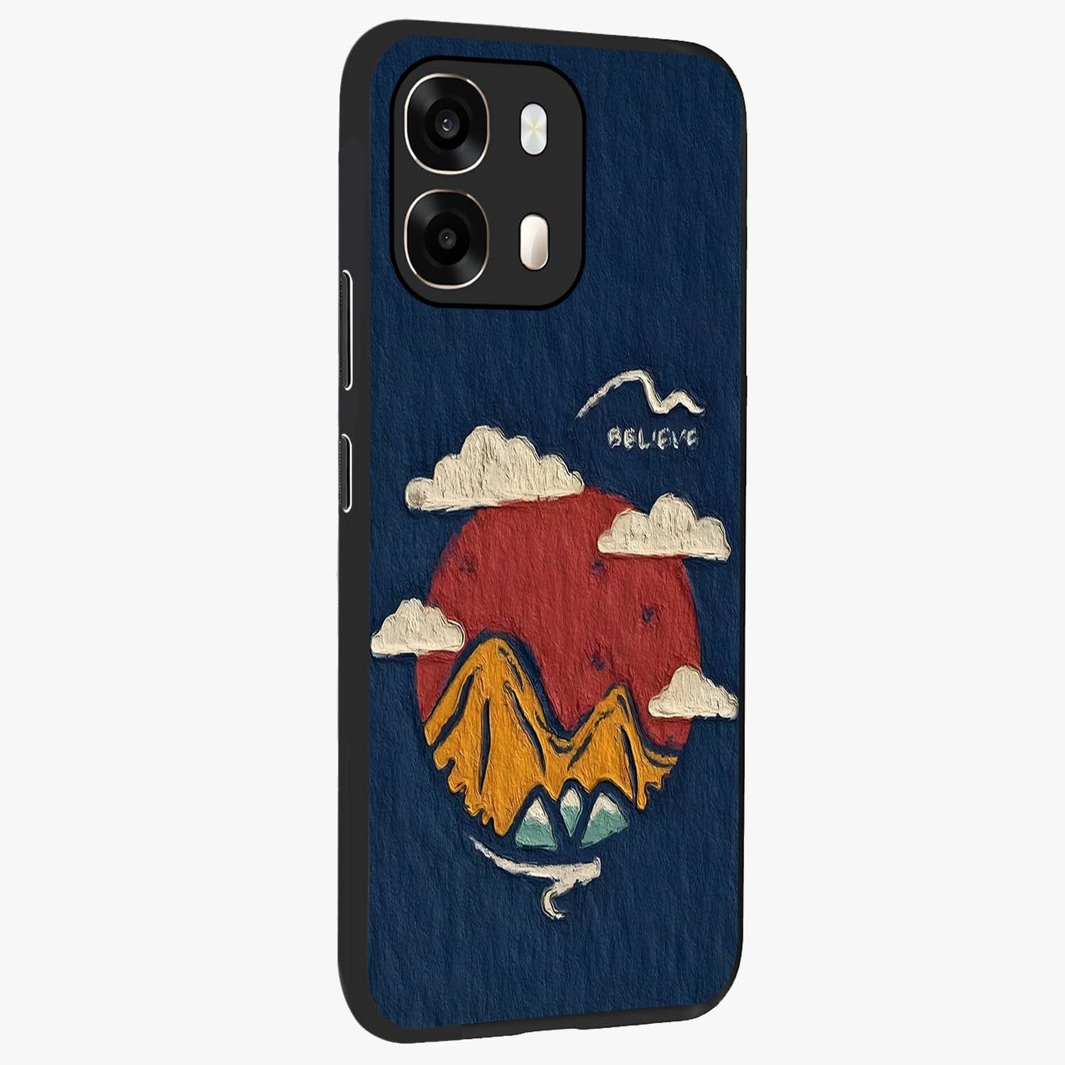 Dream Beyond Mountains Glass Case upright view showcasing beautiful mountain scenery with inspirational nature theme.