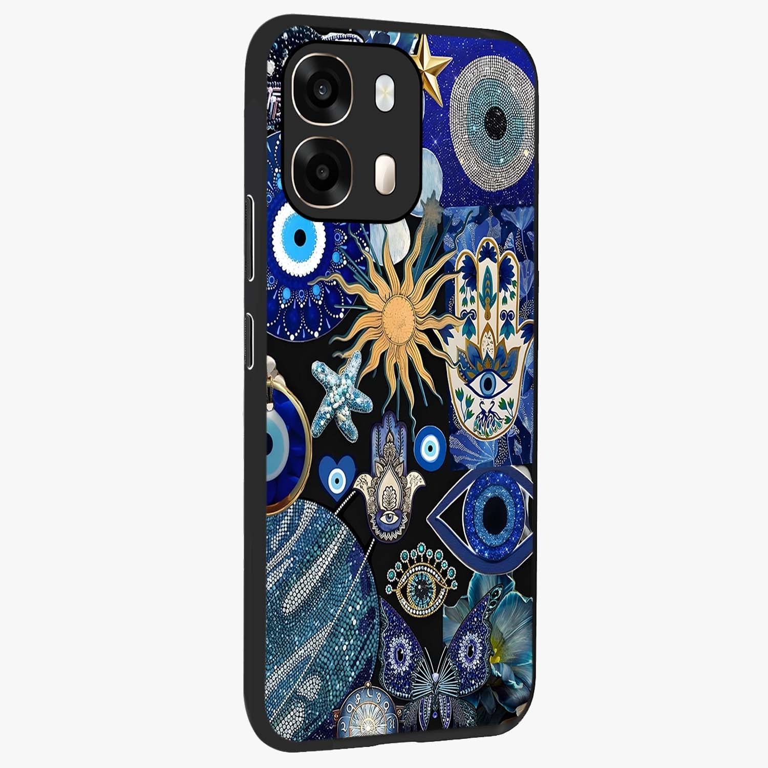 Evil Eye Charm Mix Glass Case upright view showcasing mystical evil eye pattern with vibrant decorative style.
