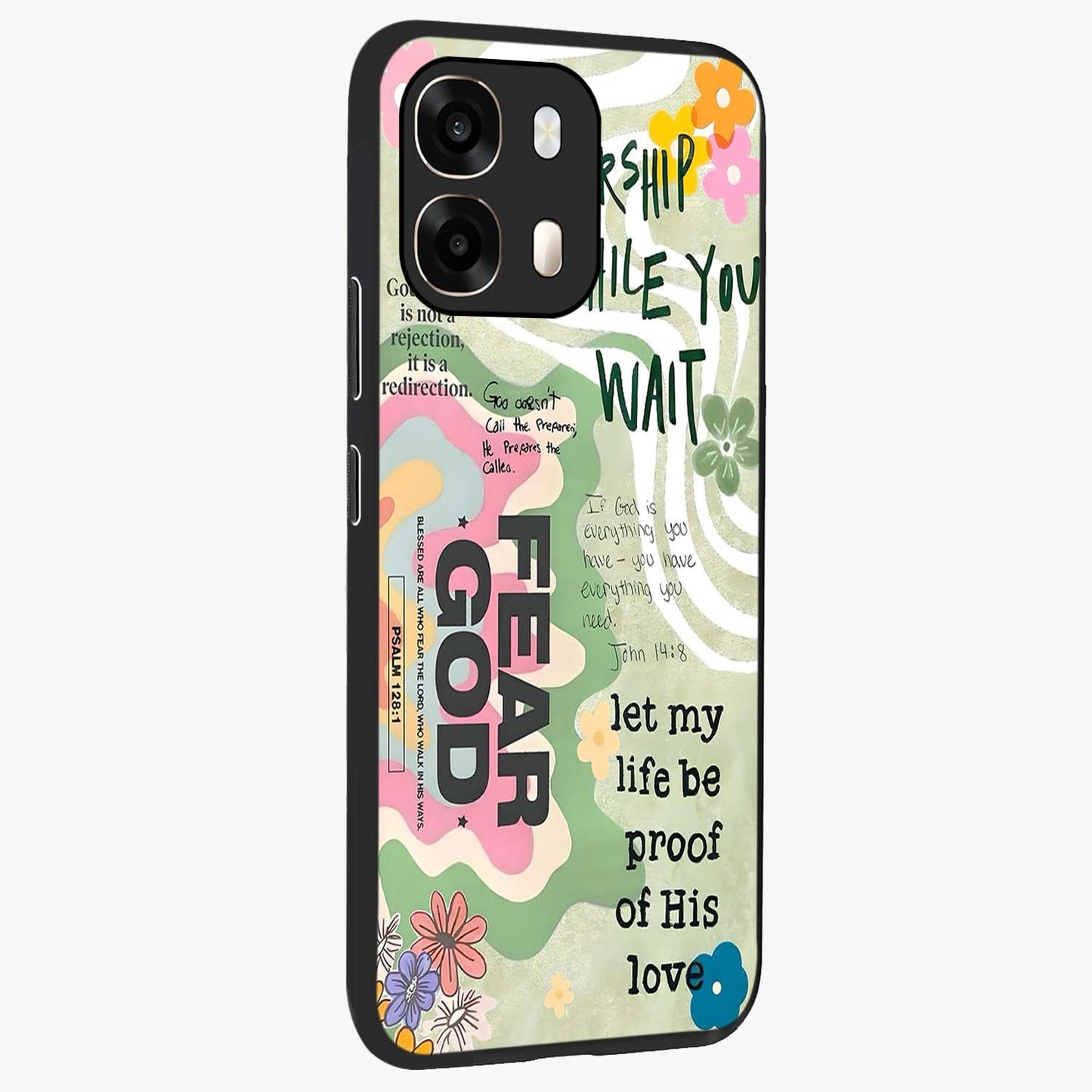 Faith Over Fear Glass Case upright view showcasing bold typography artwork with uplifting motivational theme.
