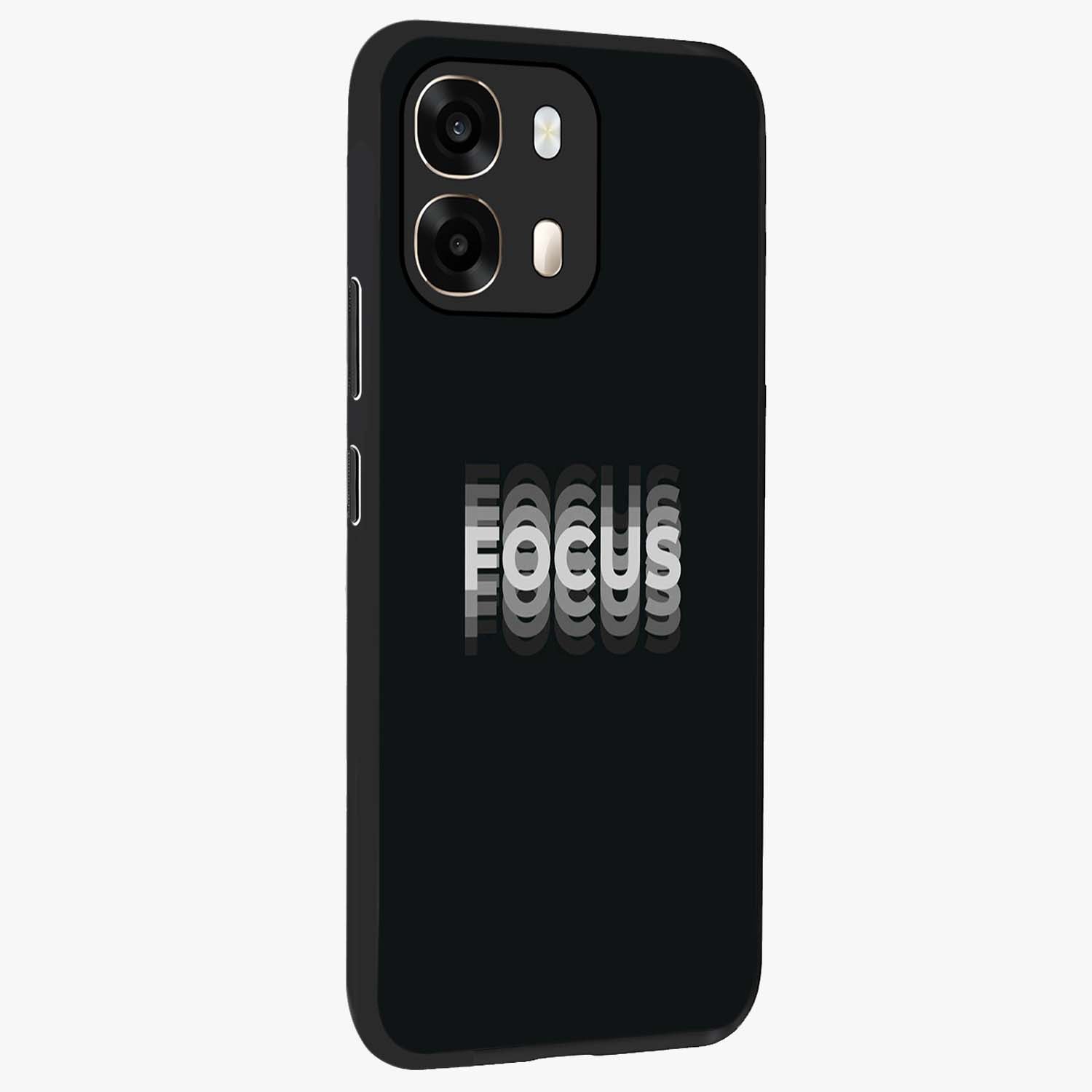 Focus Mode On Glass Case upright view showcasing strong typography statement with sleek motivational theme.