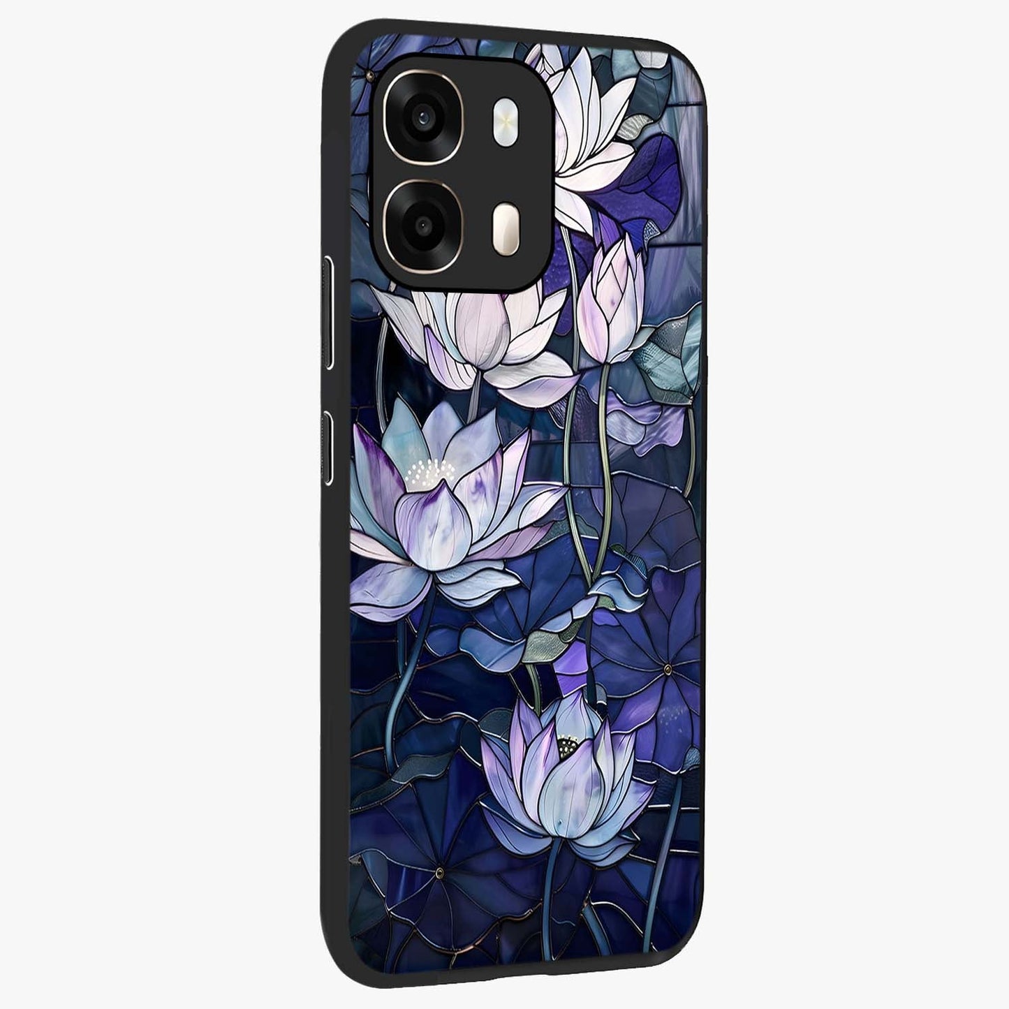 Gloss Petal Rush Glass Case upright view showcasing dynamic floral petal artwork with modern botanical theme.