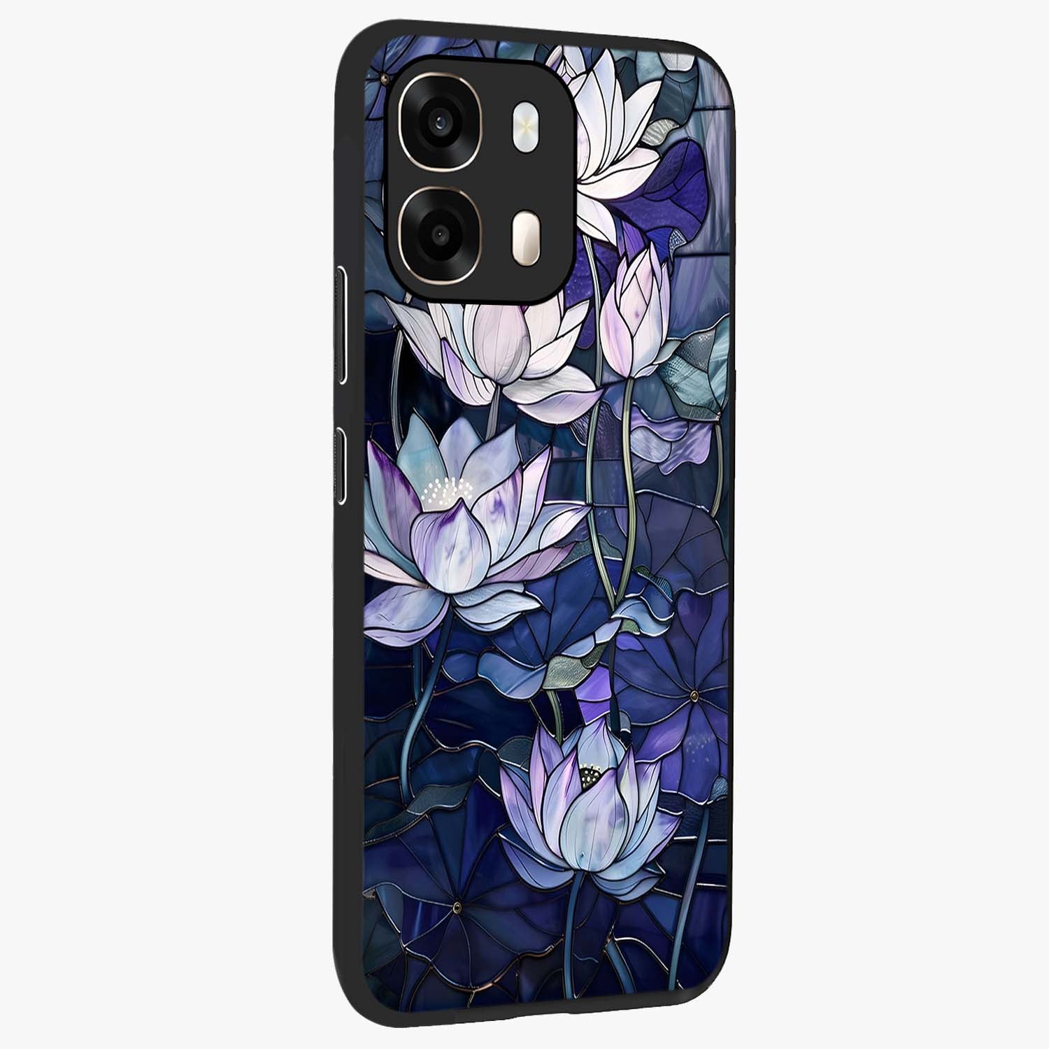 Gloss Petal Rush Glass Case upright view showcasing dynamic floral petal artwork with modern botanical theme.