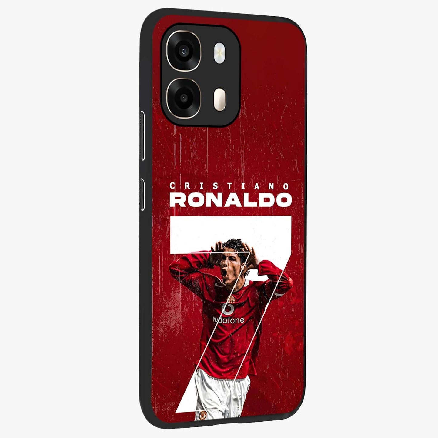 Goal Celebration Legacy Glass Case upright view showcasing dynamic football inspired artwork with victory celebration aesthetic.