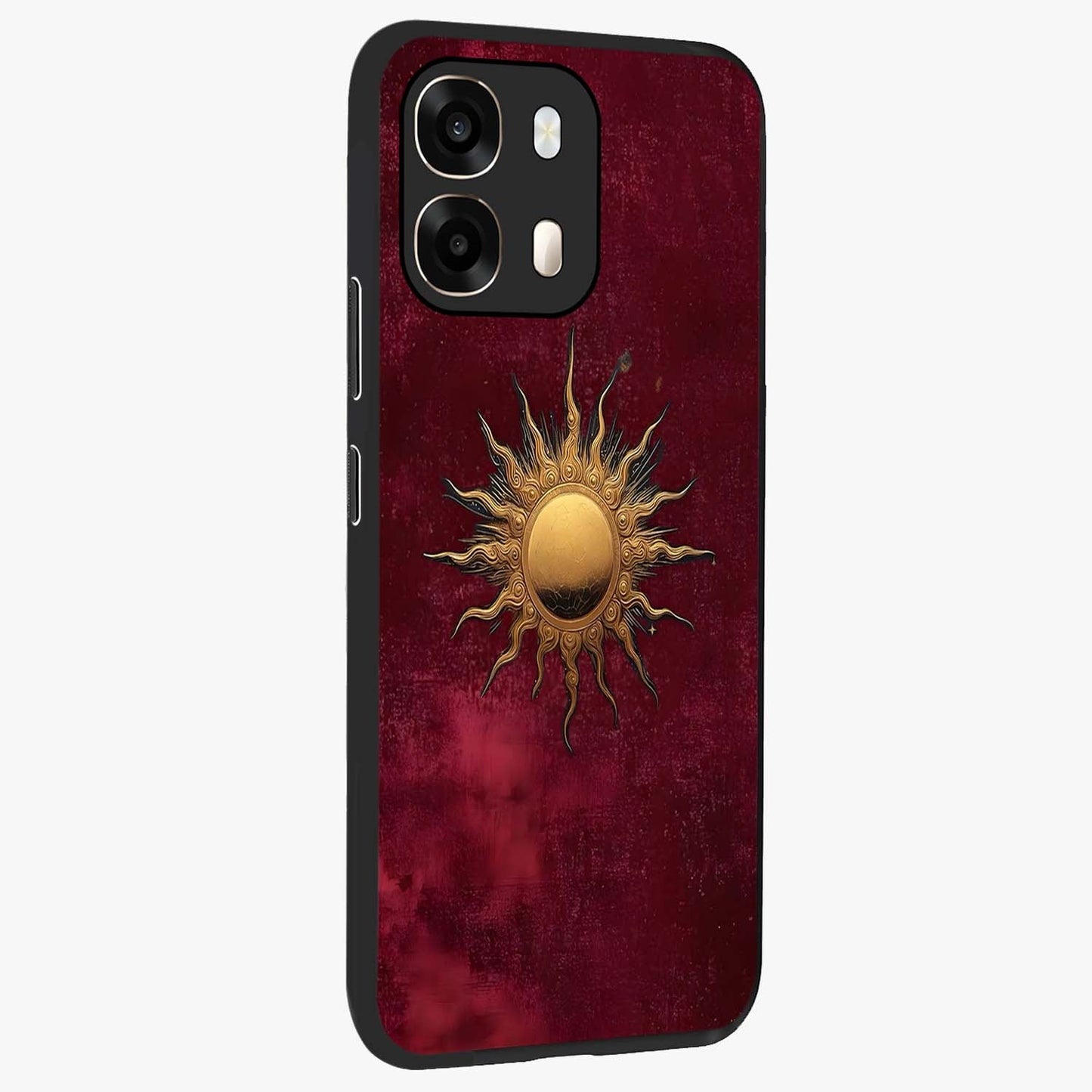 Golden Sun Minimalism Glass Case upright view showcasing simple golden sun artwork with elegant minimalist style.