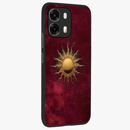 Golden Sun Minimalism Glass Case upright view showcasing simple golden sun artwork with elegant minimalist style.