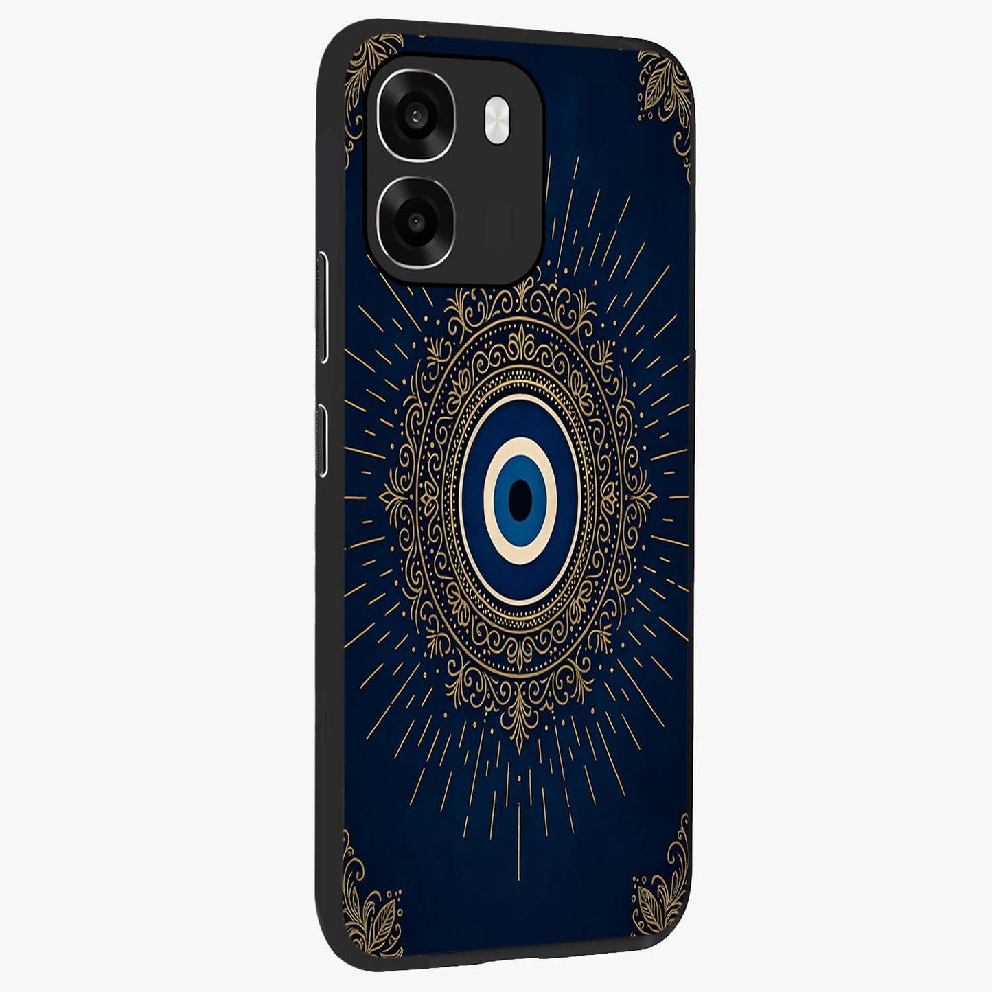 Golden Celestial Charm Glass Case upright view showcasing radiant celestial artwork with elegant golden theme.