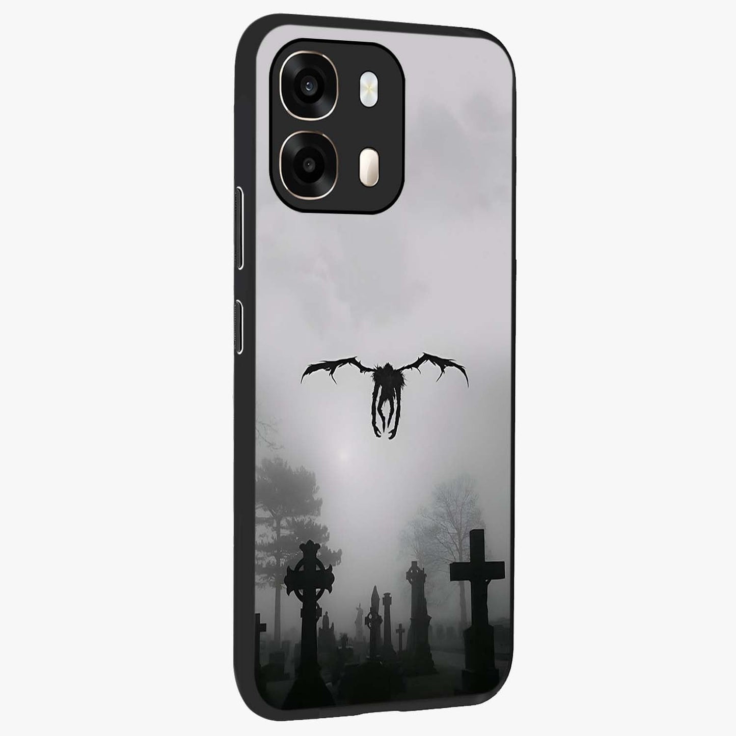 Graveyard Shadow Descent Glass Case upright view showcasing haunting graveyard artwork with dramatic dark theme.