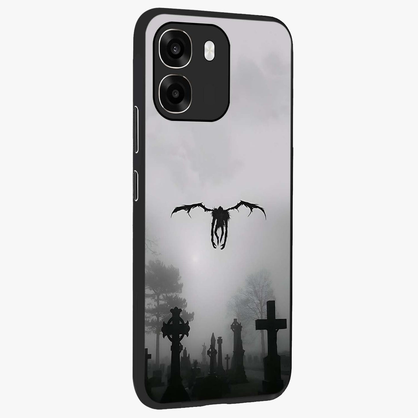Graveyard Shadow Descent Glass Case upright view showcasing haunting graveyard artwork with dramatic dark theme.
