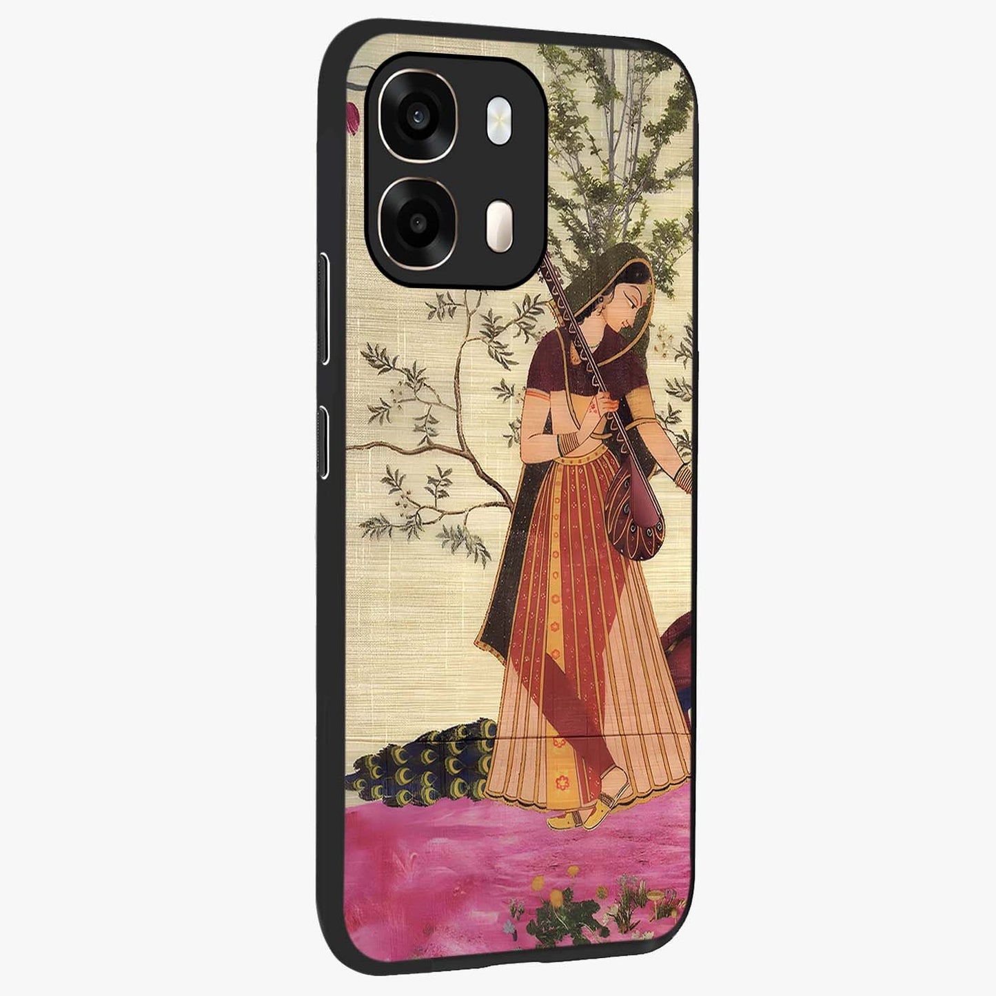 Lady With Veena Art Glass Case upright view showcasing classical veena artwork with traditional artistic theme.