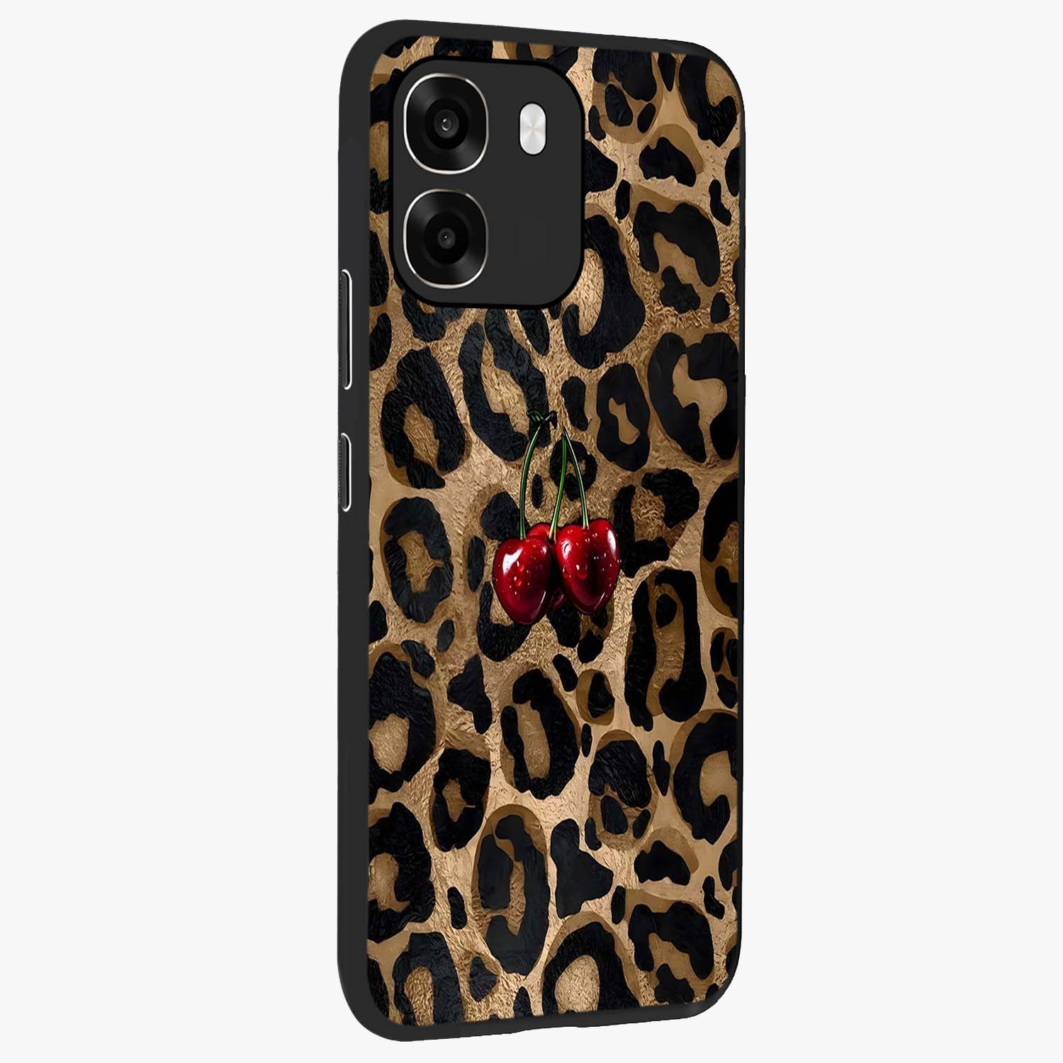 Leopard Wild Cherry Glass Case upright view showcasing stylish leopard pattern artwork with trendy fashion theme.