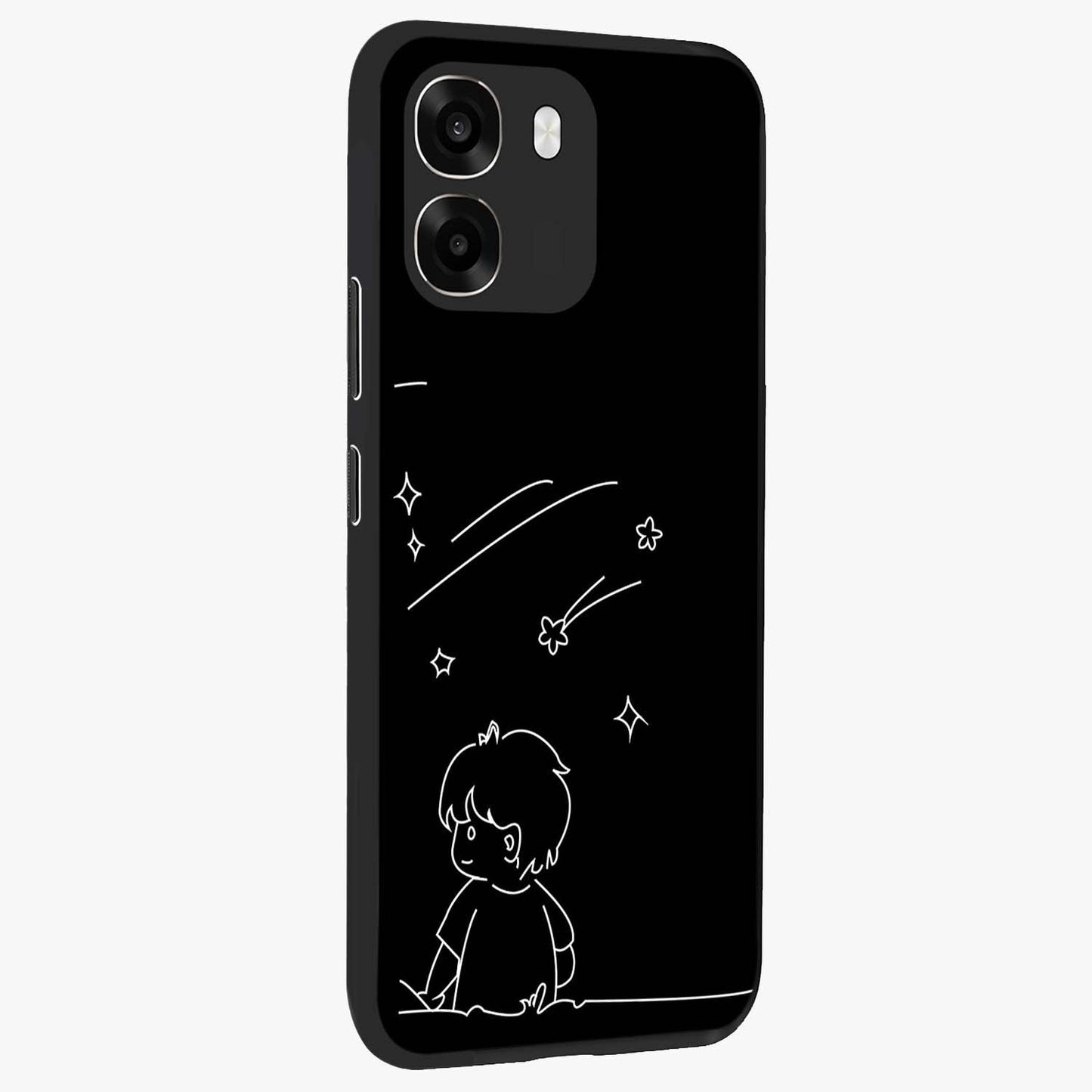 Line Art Boy With Shooting Stars Glass Case upright view showcasing artistic shooting star illustration with minimal style.