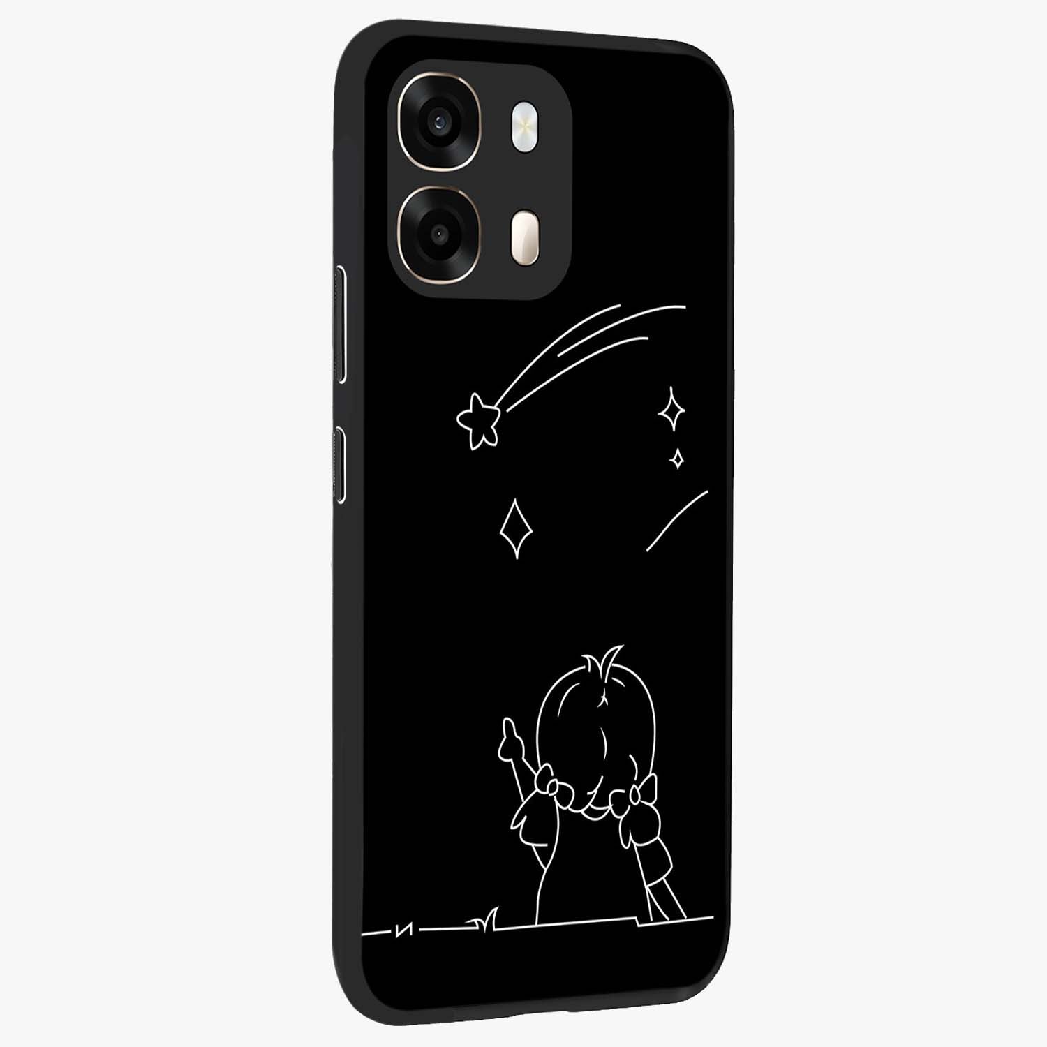 Line Art Girl With Shooting Stars Glass Case upright view showcasing delicate shooting stars artwork with minimal artistic theme.