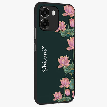 Lotus Bloom Serenity Custom Name Glass Case upright view showcasing serene lotus bloom artwork with personalized floral aesthetic.