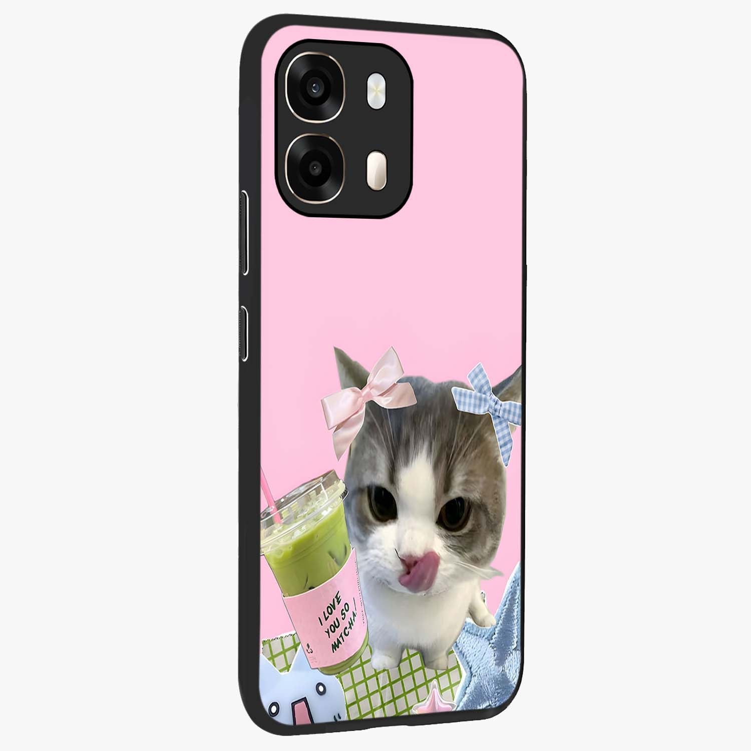 Love Matcha Cat Glass Case upright view showcasing adorable cat artwork with charming matcha themed design.