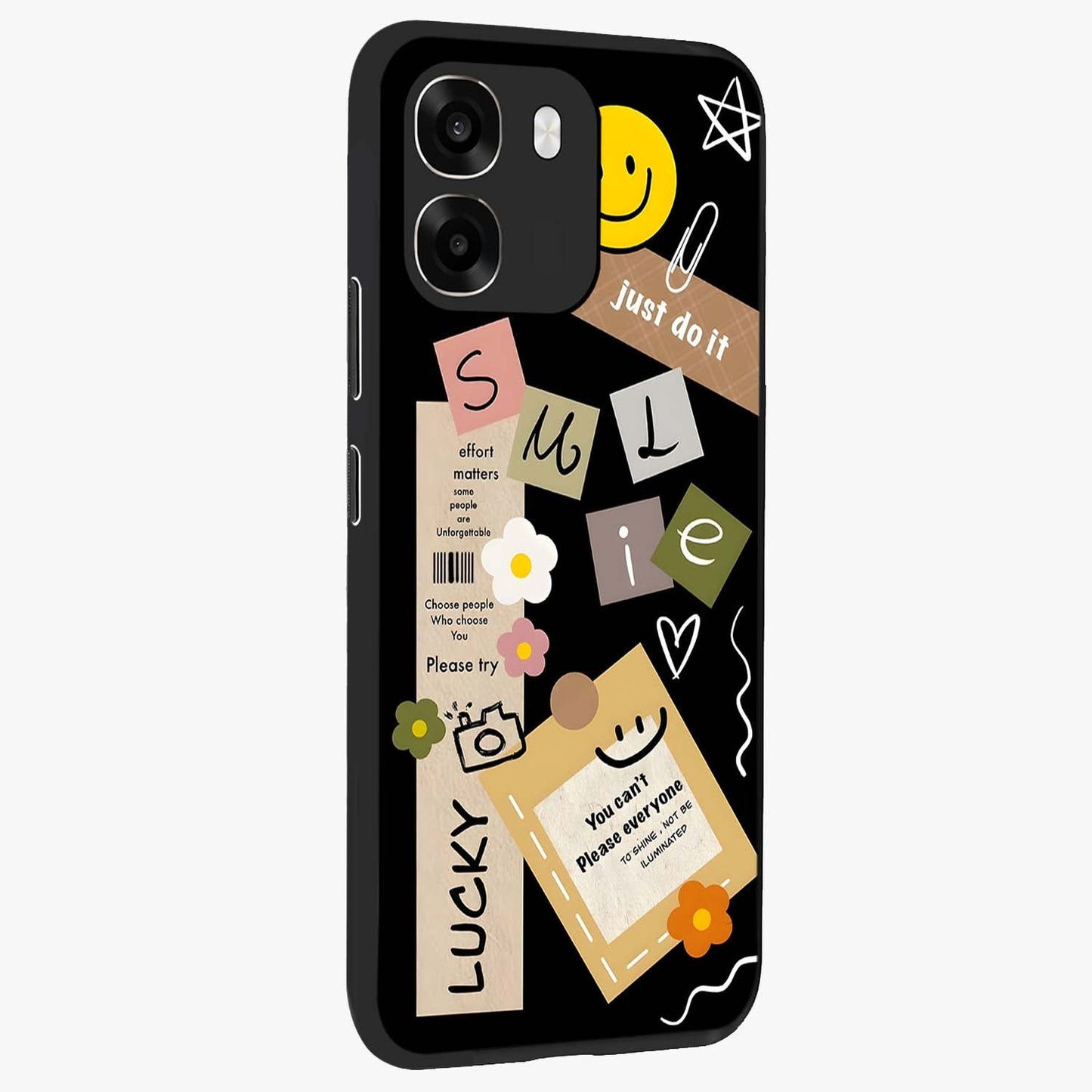 Lucky Aesthetic Collage Glass Case upright view showcasing vibrant collage artwork with youthful aesthetic theme.
