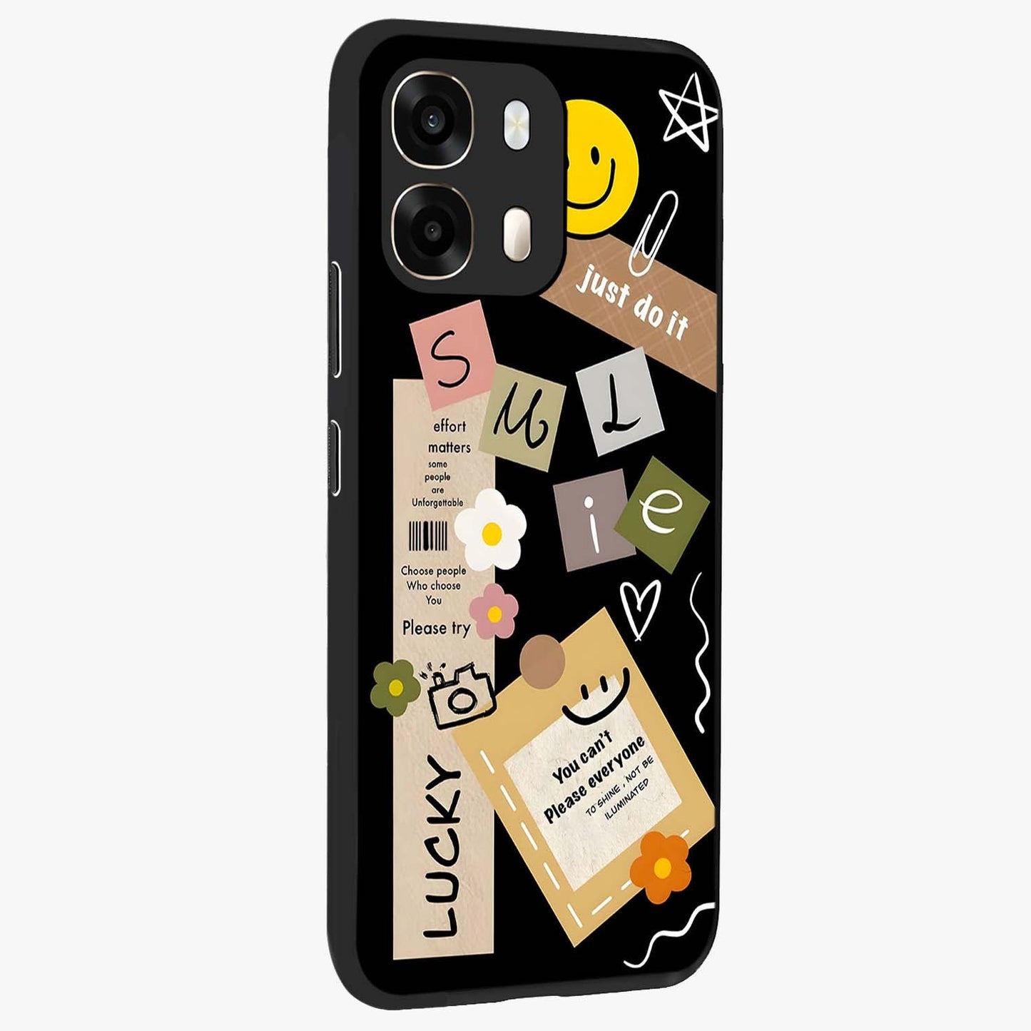 Lucky Aesthetic Collage Glass Case upright view showcasing vibrant collage artwork with youthful aesthetic theme.