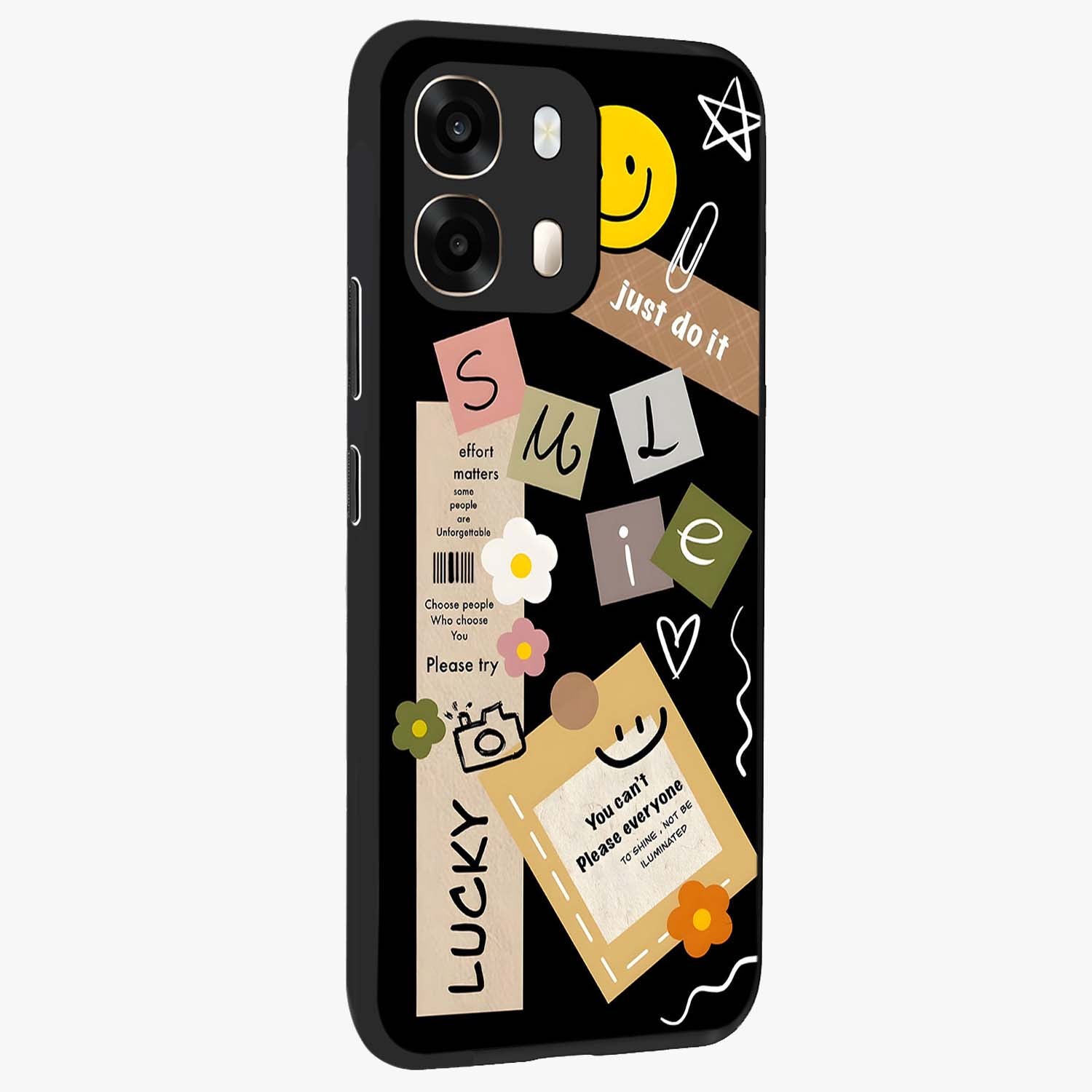 Lucky Aesthetic Collage Glass Case upright view showcasing vibrant collage artwork with youthful aesthetic theme.