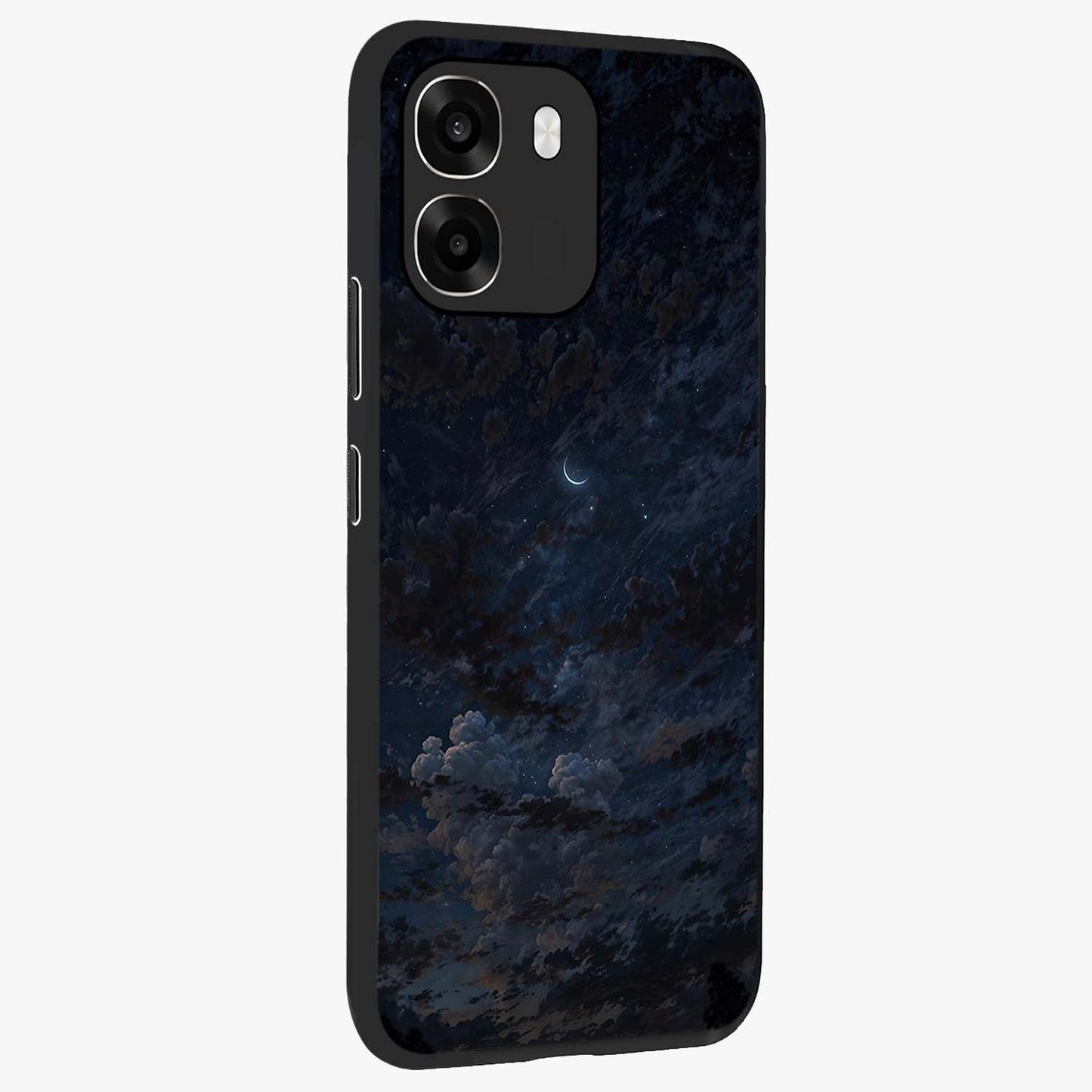 Lunar Veil Silence Glass Case upright view showcasing calm moon themed artwork with serene night atmosphere.