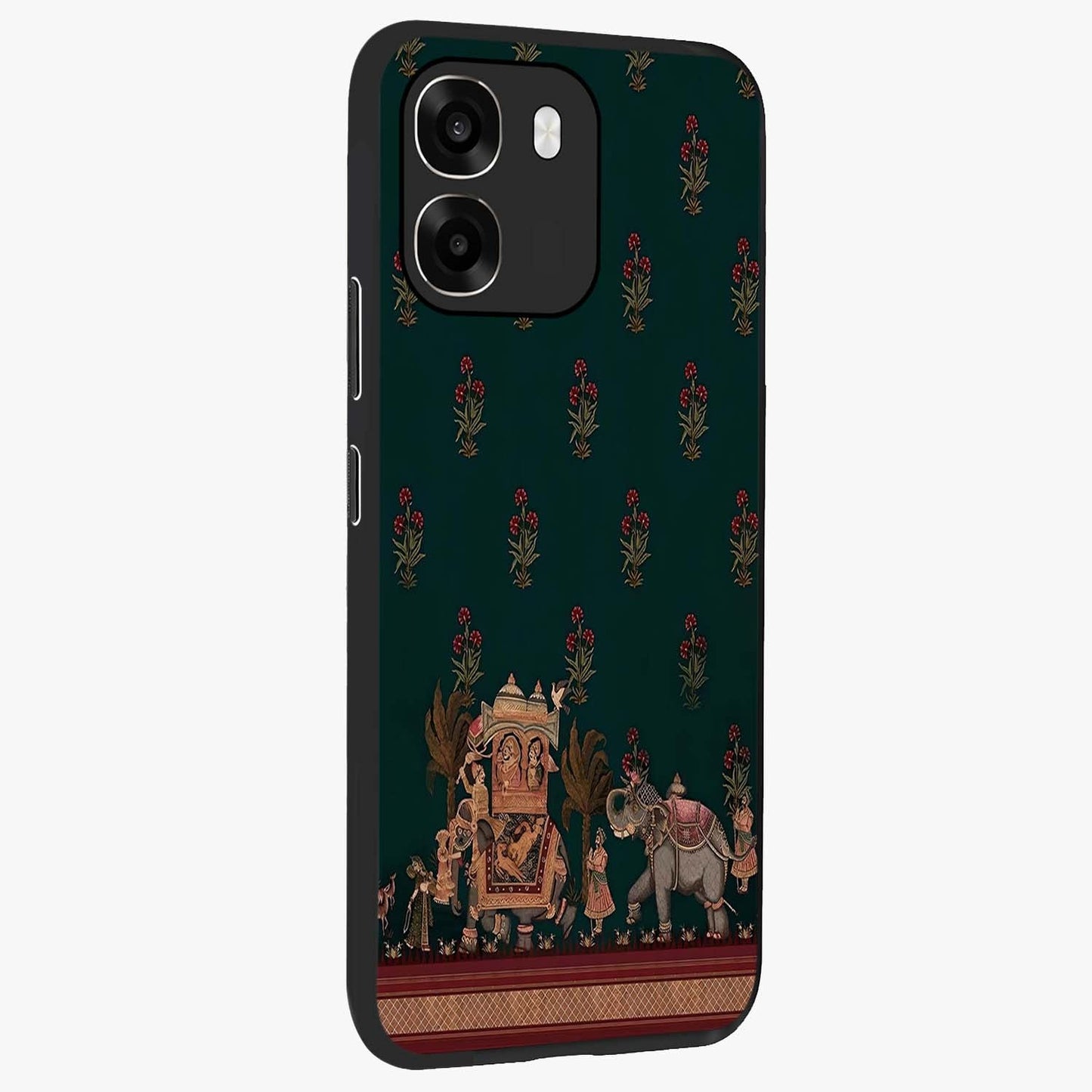 Macmerise Glass Case upright view showcasing bold artistic artwork with contemporary design theme.