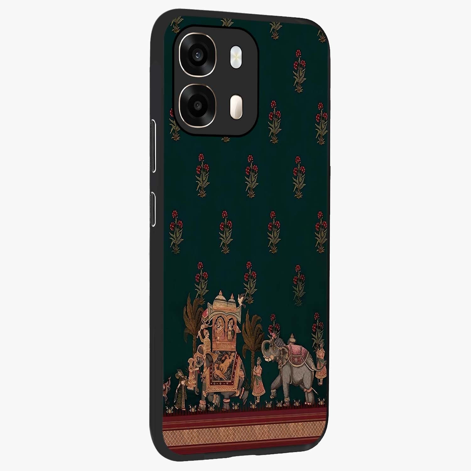 Macmerise Glass Case upright view showcasing bold artistic artwork with contemporary design theme.