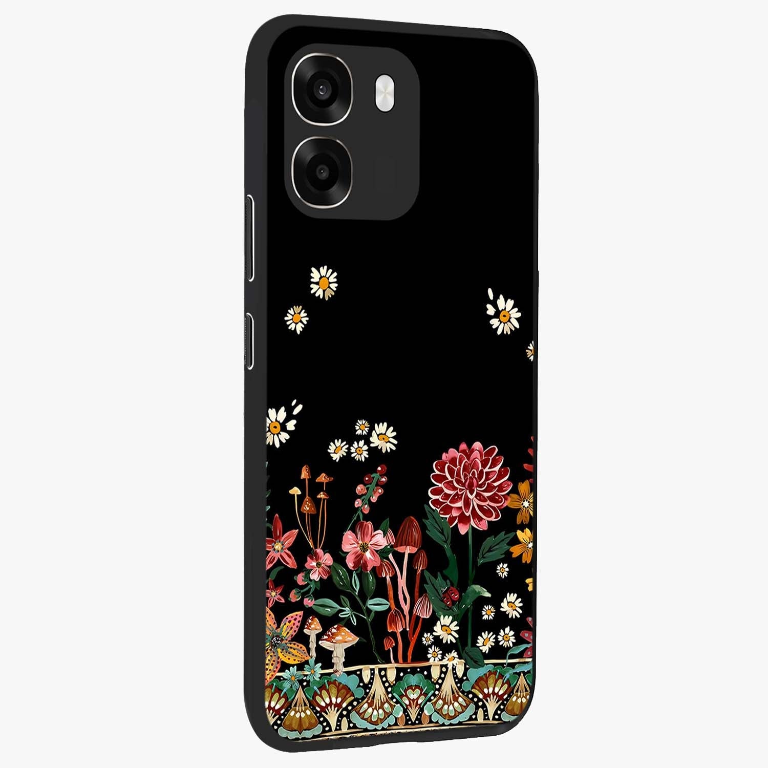 Midnight Bloom Pattern Glass Case upright view showcasing decorative floral artwork with deep night themed palette.