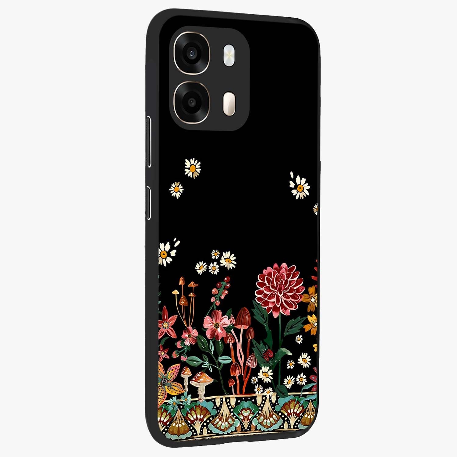 Midnight Bloom Pattern Glass Case upright view showcasing decorative floral artwork with deep night themed palette.