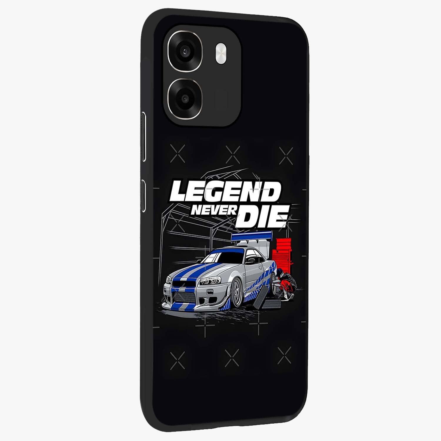 Midnight Racing Legacy Glass Case upright view showcasing powerful racing artwork with modern sports theme.