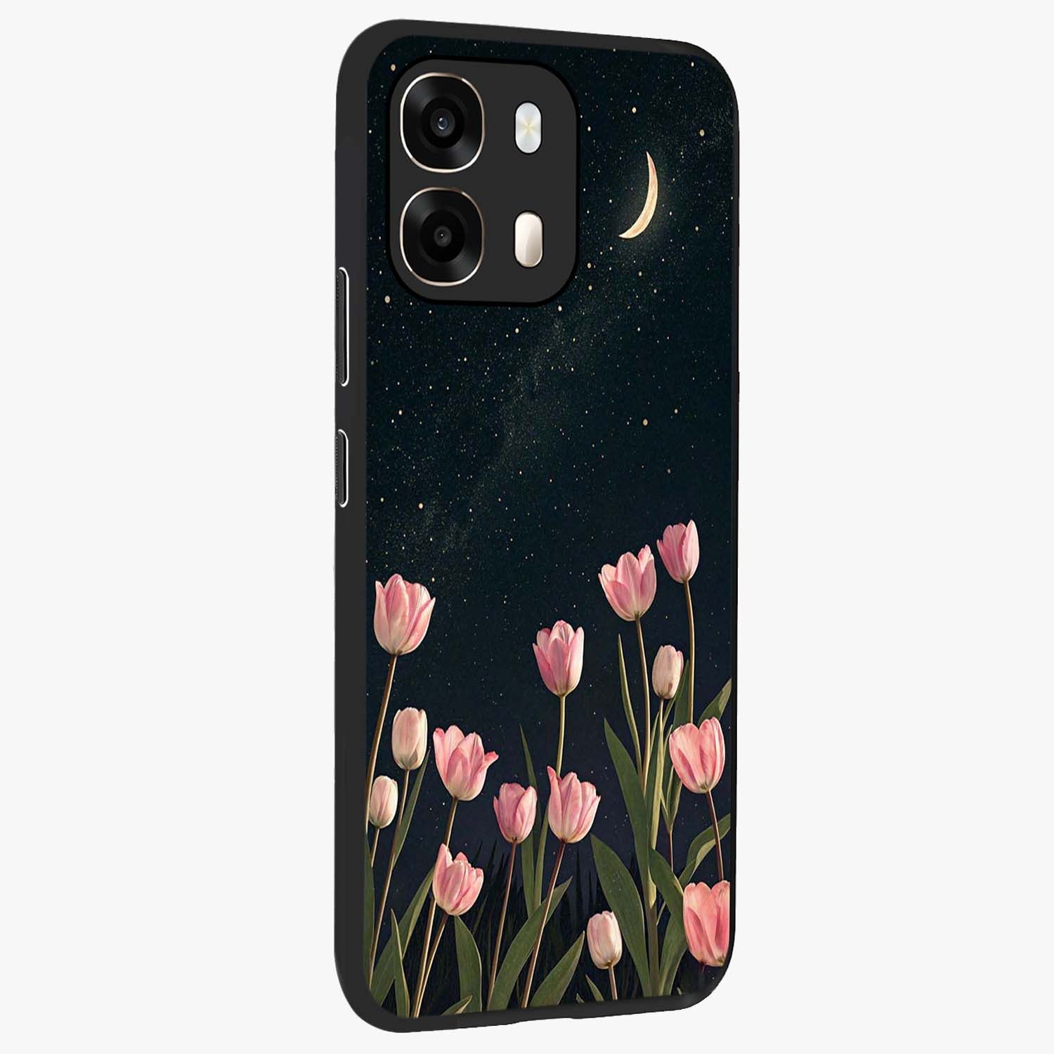 Midnight Tulip Whispers Vibe Glass Case upright view showcasing graceful tulip artwork with calm botanical theme.