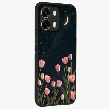 Midnight Tulip Whispers Vibe Glass Case upright view showcasing graceful tulip artwork with calm botanical theme.