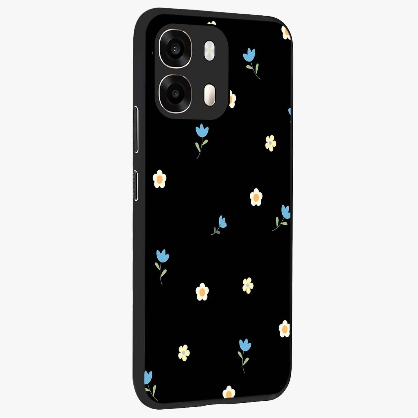 Minimal Petal Whispers Glass Case upright view showcasing elegant floral artwork with modern minimalist style.