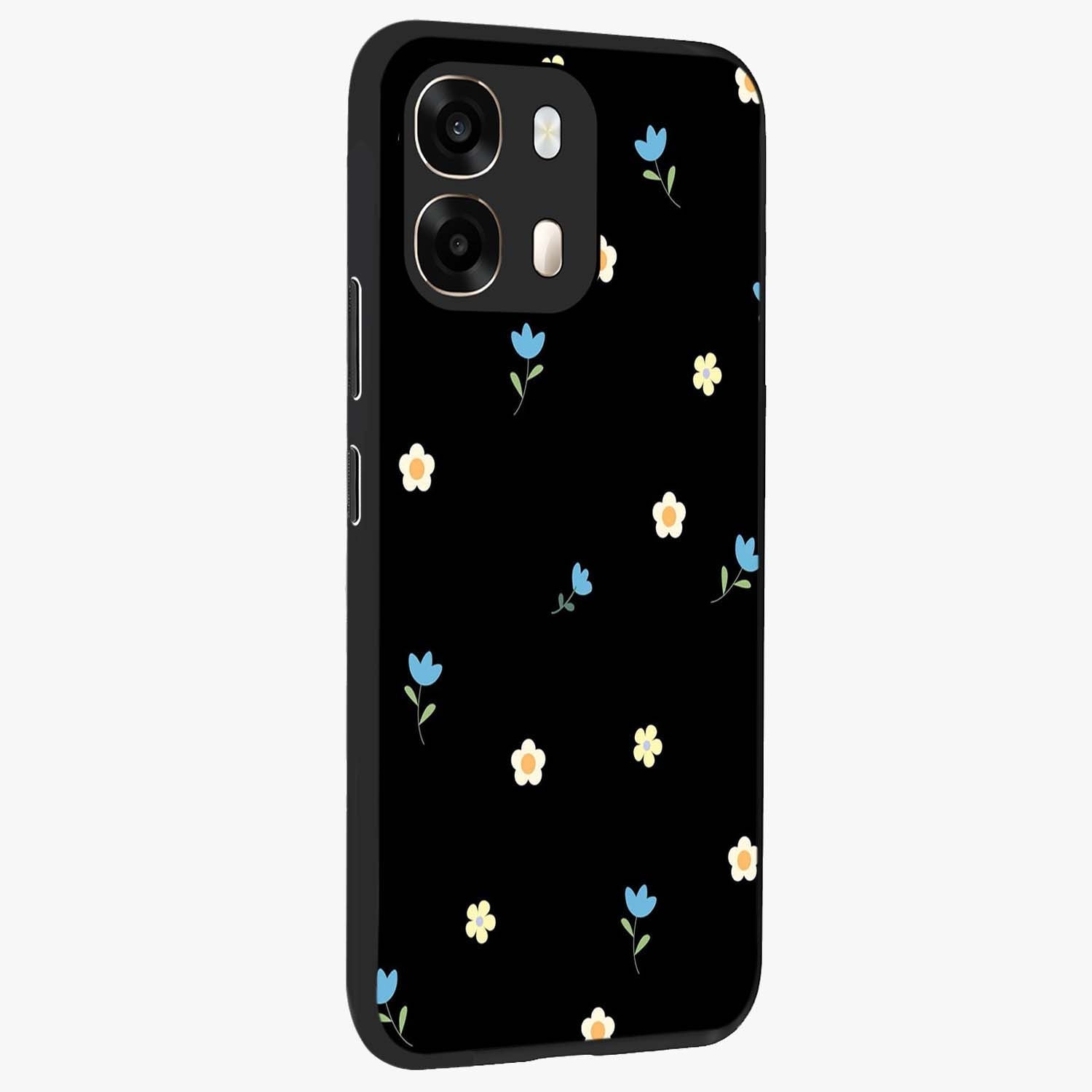 Minimal Petal Whispers Glass Case upright view showcasing elegant floral artwork with modern minimalist style.