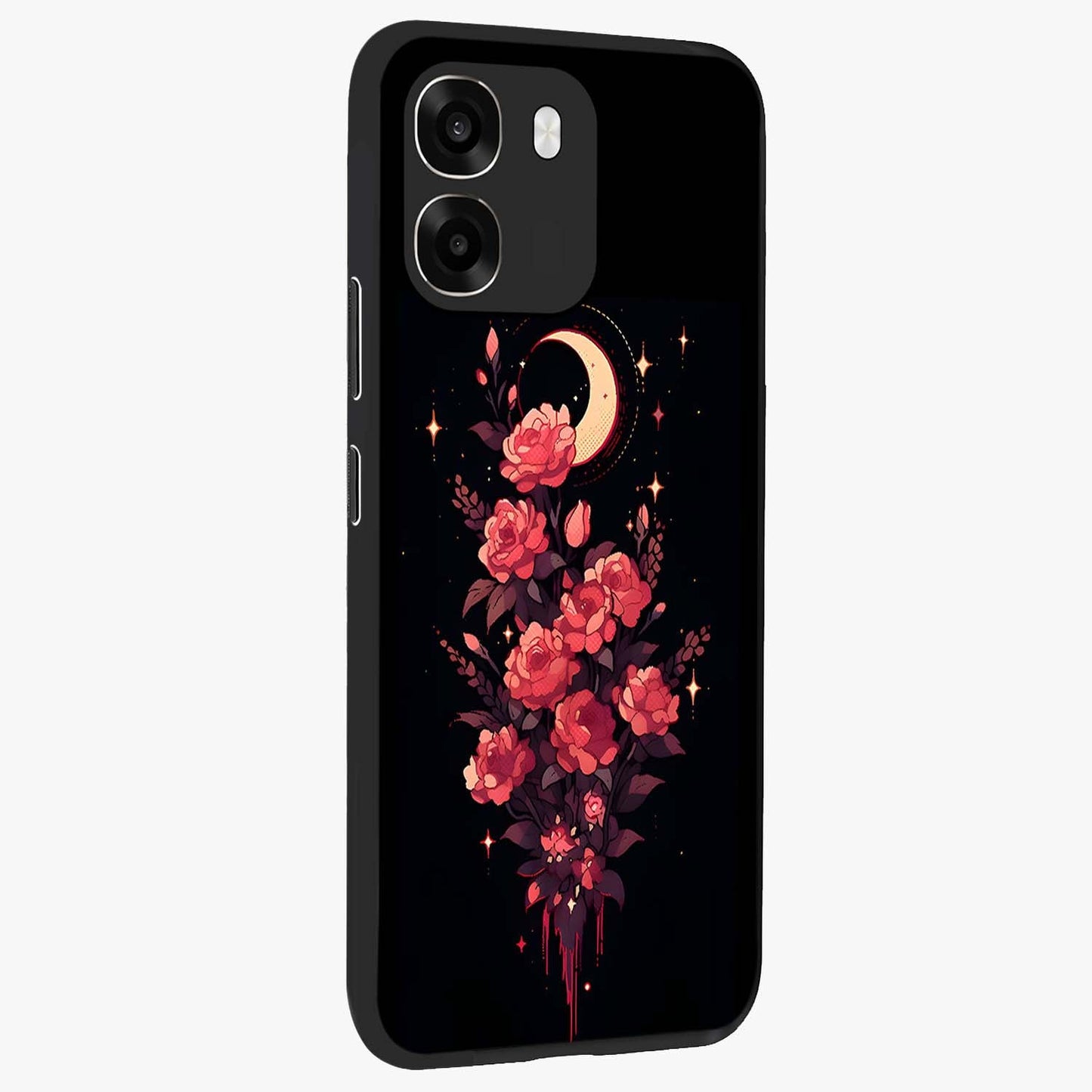 Moonlit Floral Elegance Glass Case upright view showcasing delicate floral artwork with refined night inspired theme.