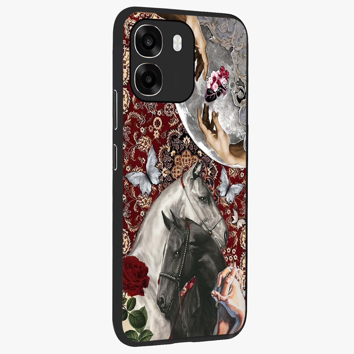 Moonlit Royal Stallion Glass Case upright view showcasing dramatic horse artwork with glowing moon themed design.