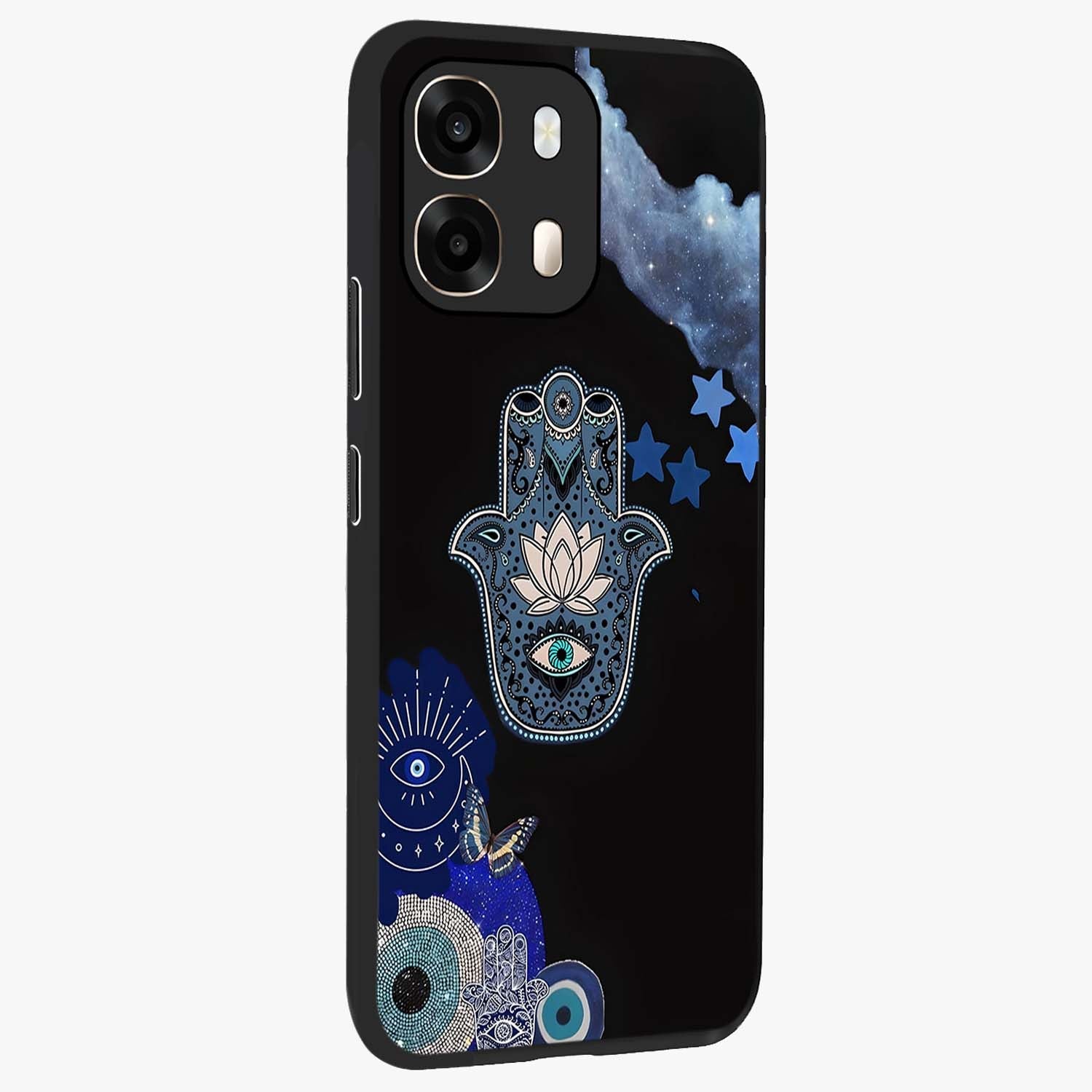 Mystic Hand Aura Glass Case upright view showcasing symbolic hand artwork with mystical energy theme.