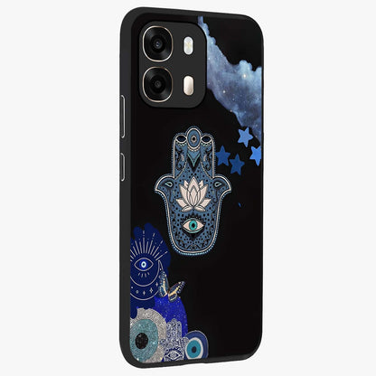 Mystic Hand Aura Glass Case upright view showcasing symbolic hand artwork with mystical energy theme.