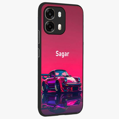 Neon Pink Porsche Glass Case upright view showcasing vibrant sports car artwork with bold automotive theme.