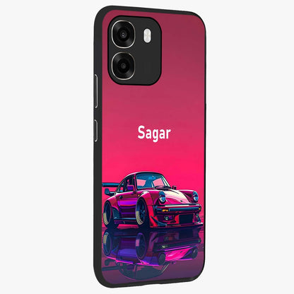 Neon Pink Porsche Glass Case upright view showcasing vibrant sports car artwork with bold automotive theme.