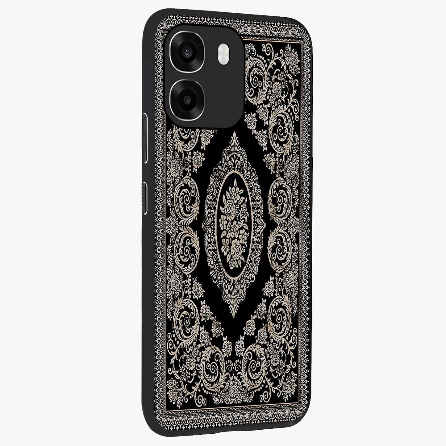 Noir Bloom Elegance Glass Case upright view showcasing graceful floral artwork with luxurious dark theme.
