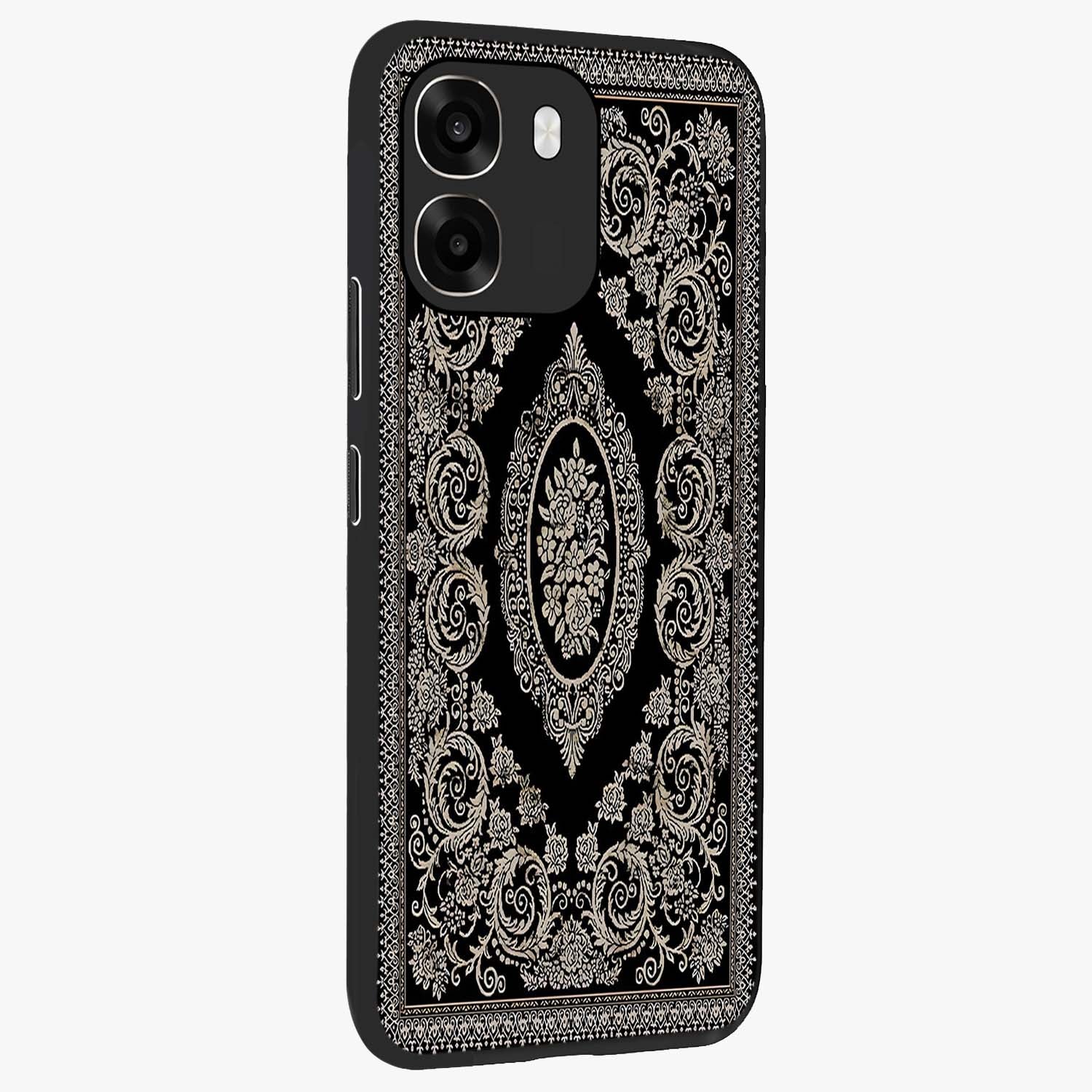 Noir Bloom Elegance Glass Case upright view showcasing graceful floral artwork with luxurious dark theme.