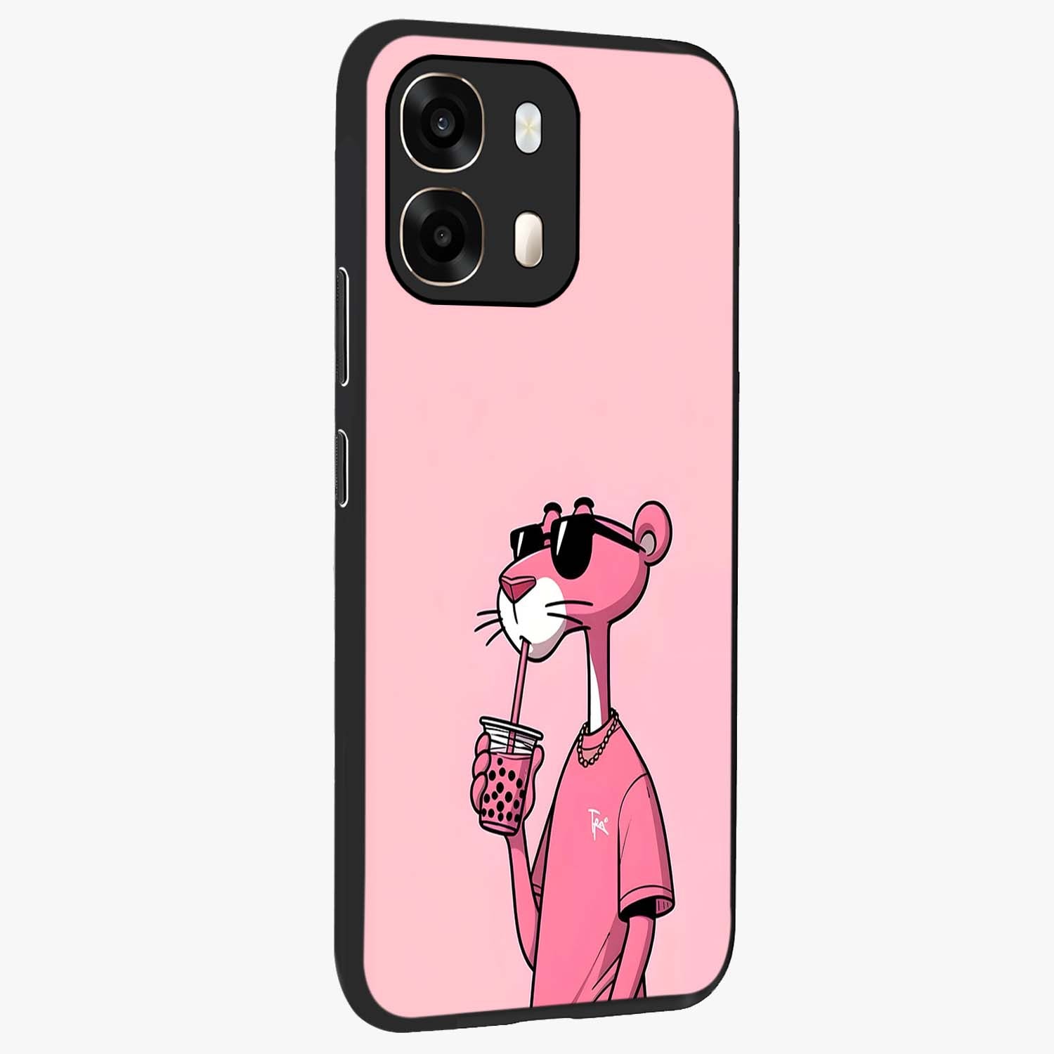 Pink Panther Glass Case upright view showcasing fun animated artwork with stylish retro cartoon theme.